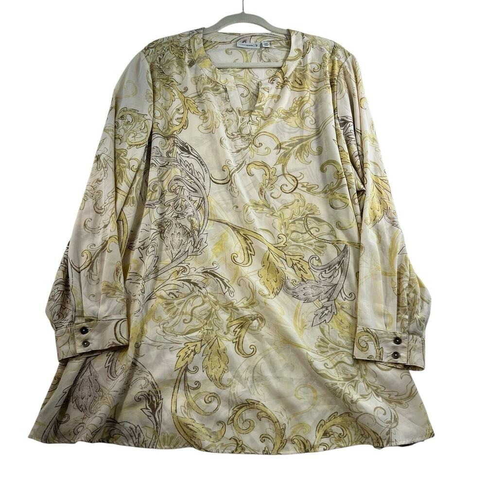 Susan Graver Plus 28W Tunic Top Sheer Stretch‎ Silky Long Sleeve Split V-Neck